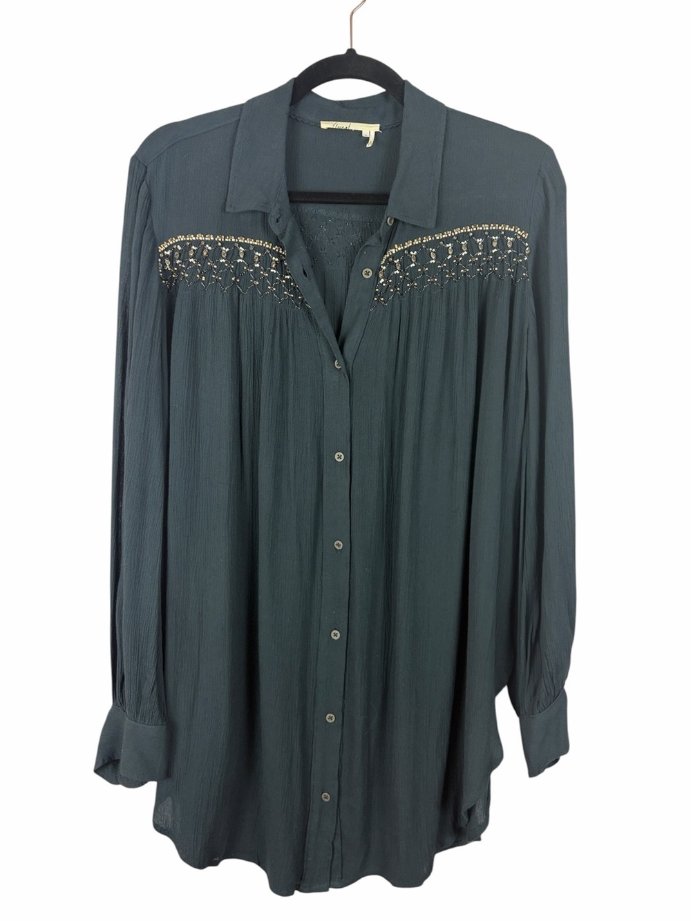 Floreat Anthropologie Dark Teal Embellished Boho Tunic Blouse Medium